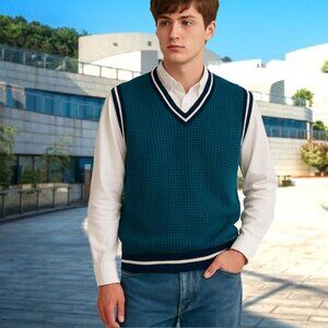 SLATE Preppy Mini Houndstooth Check Sleeveless V-neck Sweater Vest Sz XXL